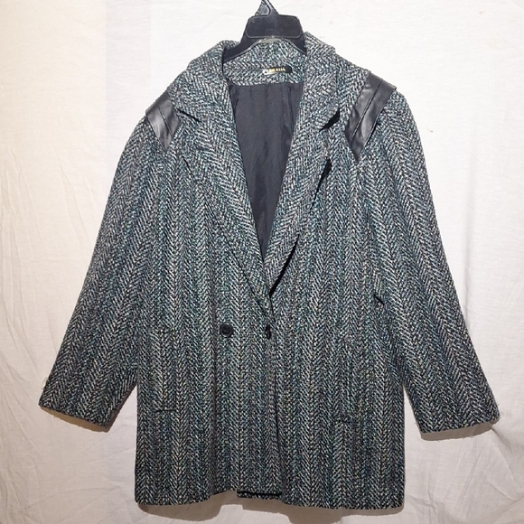 Micki Jackets & Blazers - Vintage Wool Herringbone Pea Coat, Double Breasted, Leather Details, Sz 20, NWOT